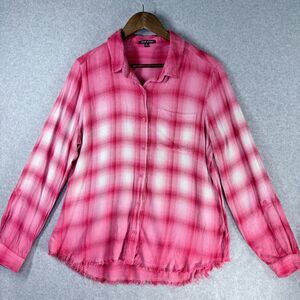 Dear John Plaid Womens Sz XL Red Ombre Button Shirt Roll Tab Cowgirl Flannel